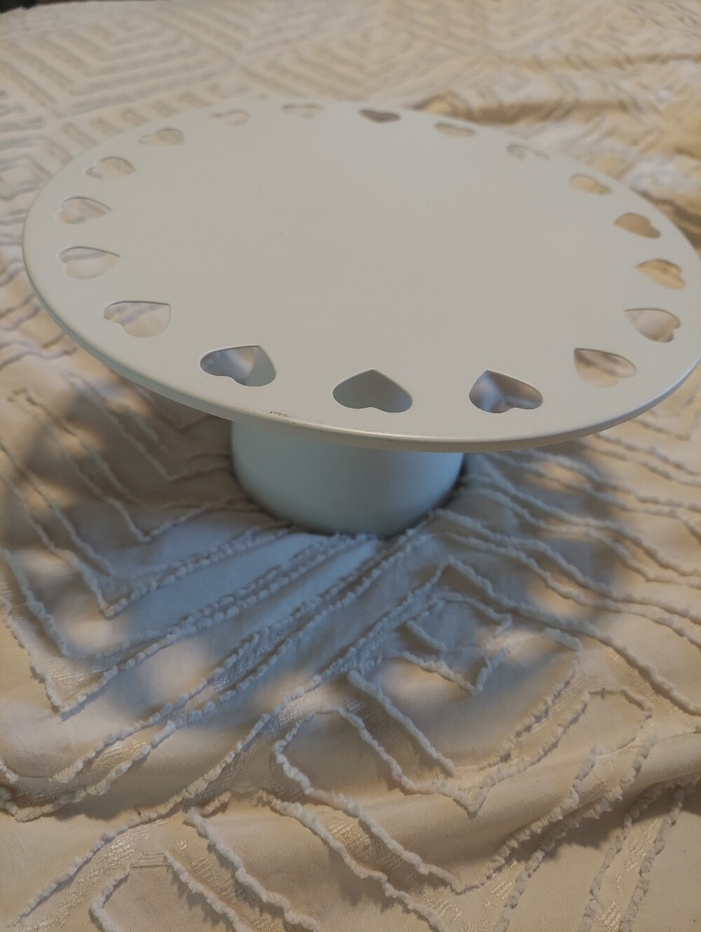 White Metal Cake Stand Pedestal Riser with Heart Cutouts
